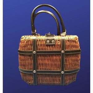 UNBRANDED Women’s Woven Cane Satchel BROWN/BLACK/SILVER, Pre-owned Vintage, EUC